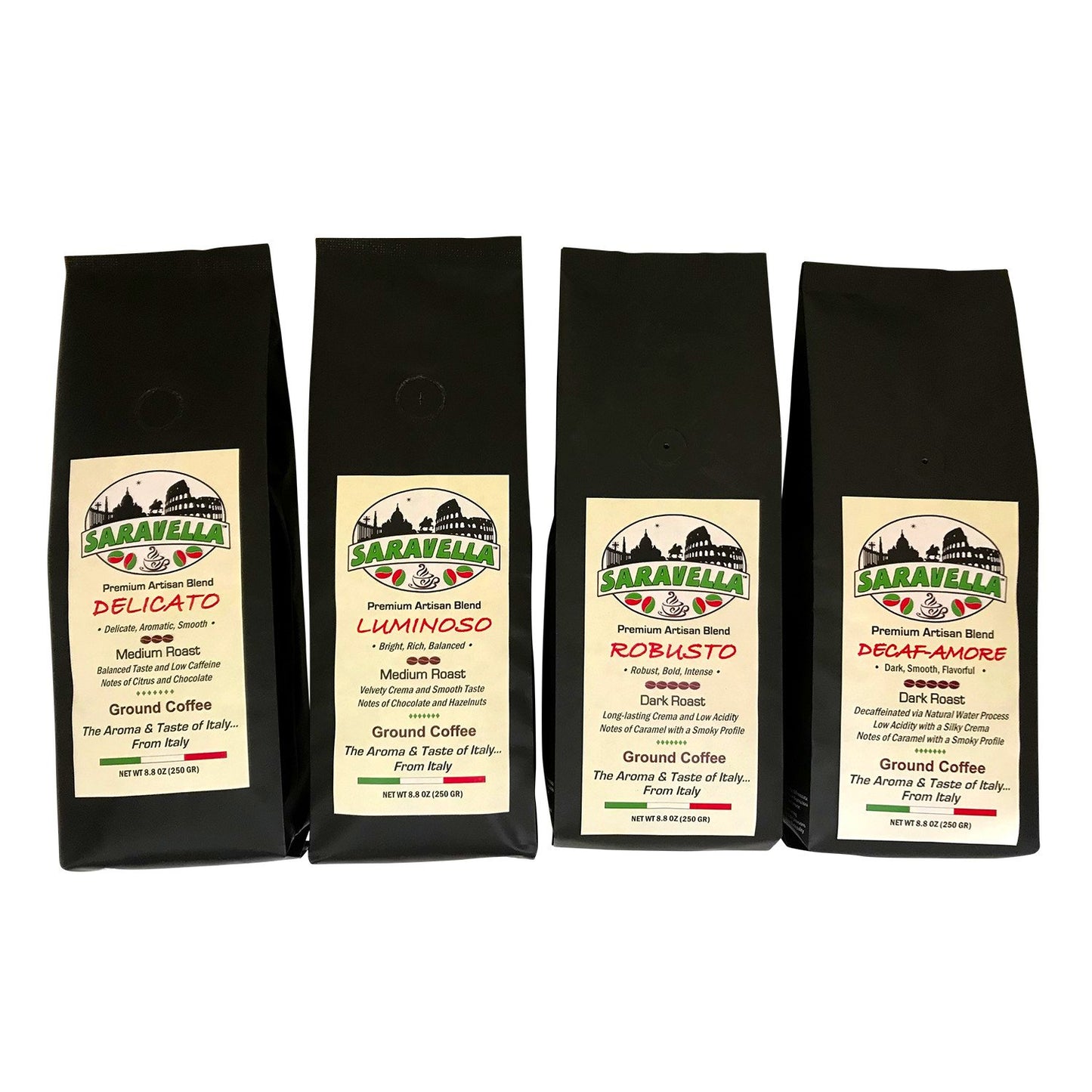 DELICATO, LUMINOSO, ROBUSTO, DECAF-AMORE – Ground Coffee Lover’s Gruppo