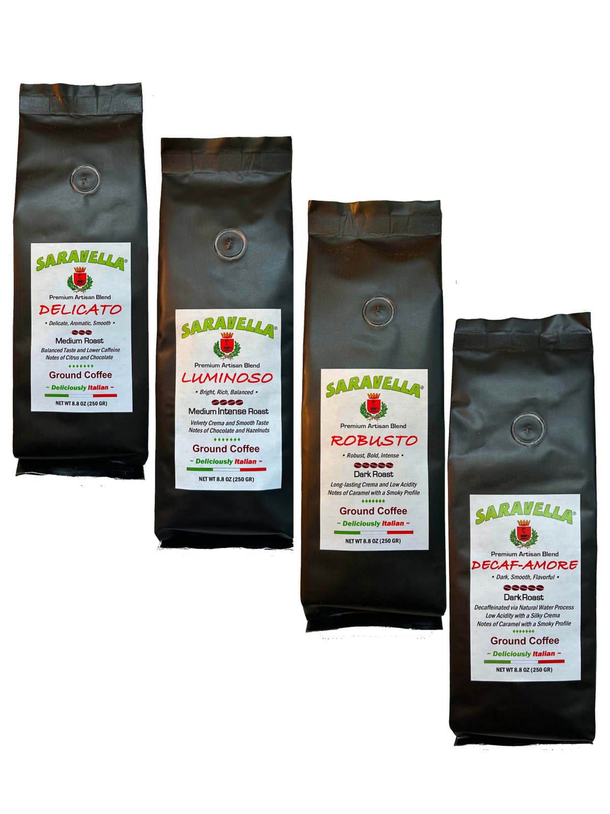 DELICATO, LUMINOSO, ROBUSTO, DECAF-AMORE – Ground Coffee Lover’s Gruppo